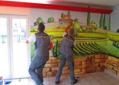 Impression numérique sur panneau Dibond pour création du décor mural du restaurant LA STORIA